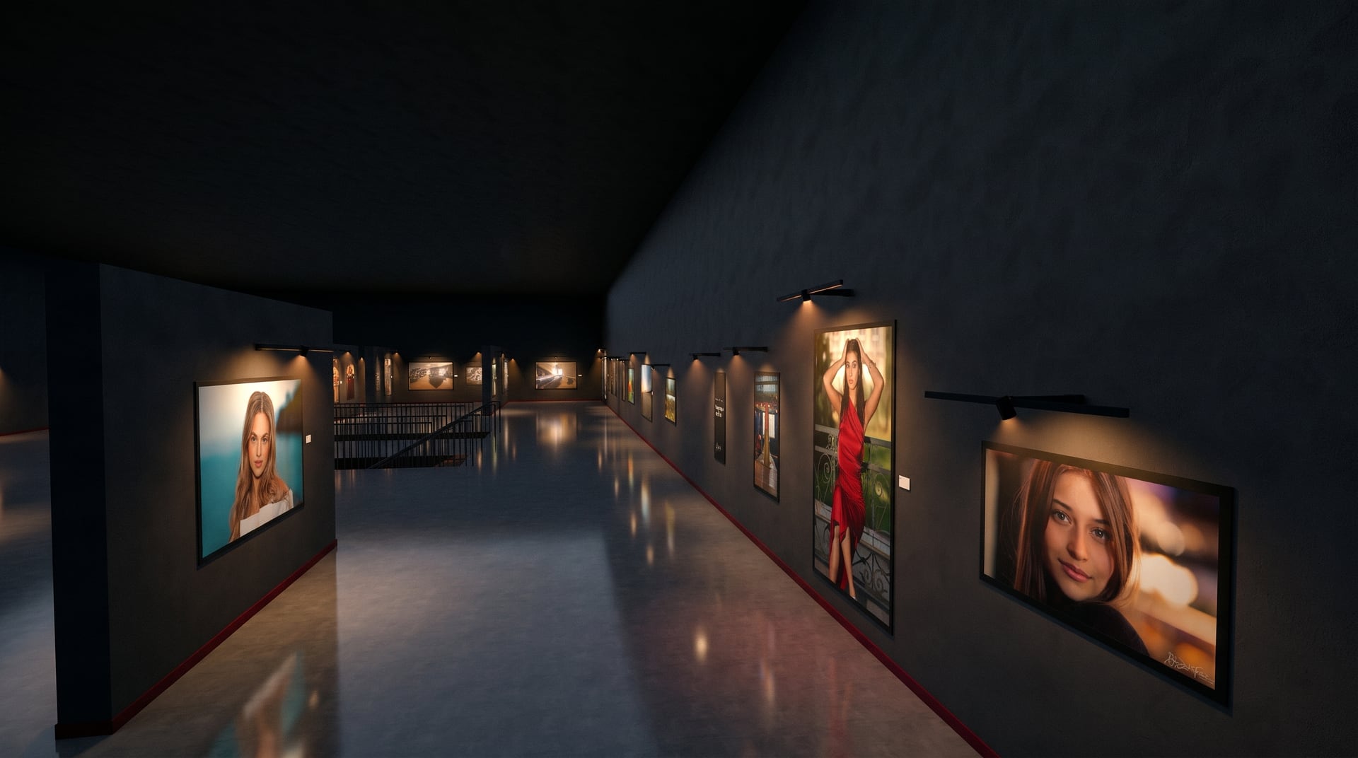 Allée de la galerie virtuelle de Diego : portraits éclairés par des spots, dont une robe rouge